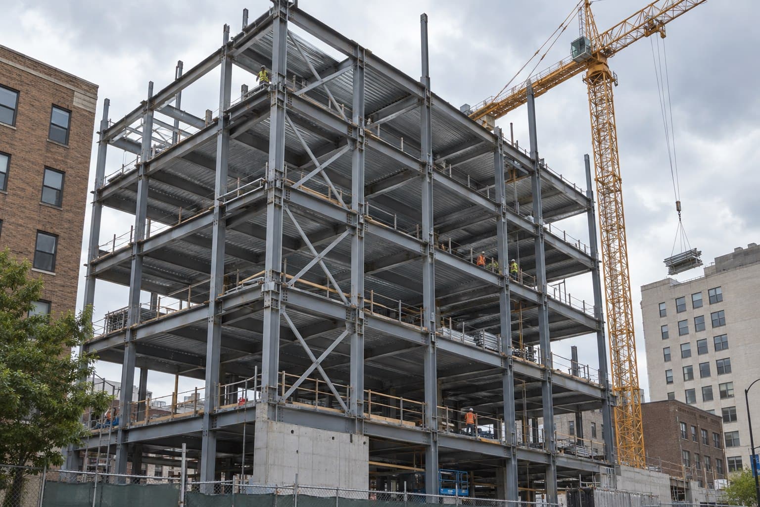 Five-storey steel frame with beams, columns and floor levels under construction