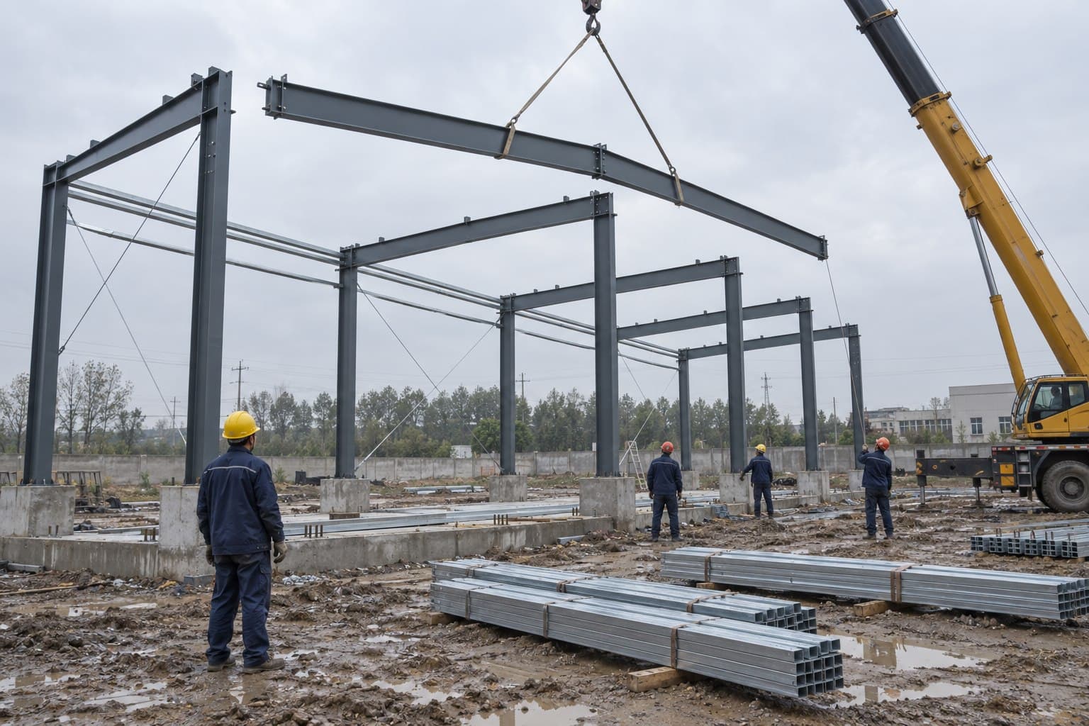 Portal-frame steel building being erected for a single-storey industrial use