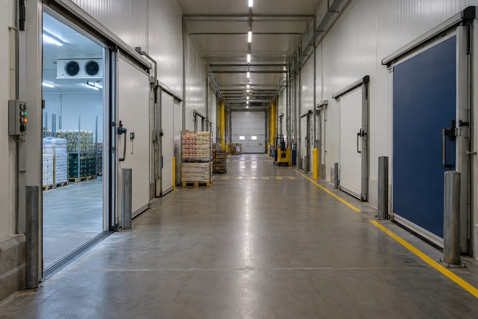 Insulated cold storage corridor connecting several separate temperature rooms