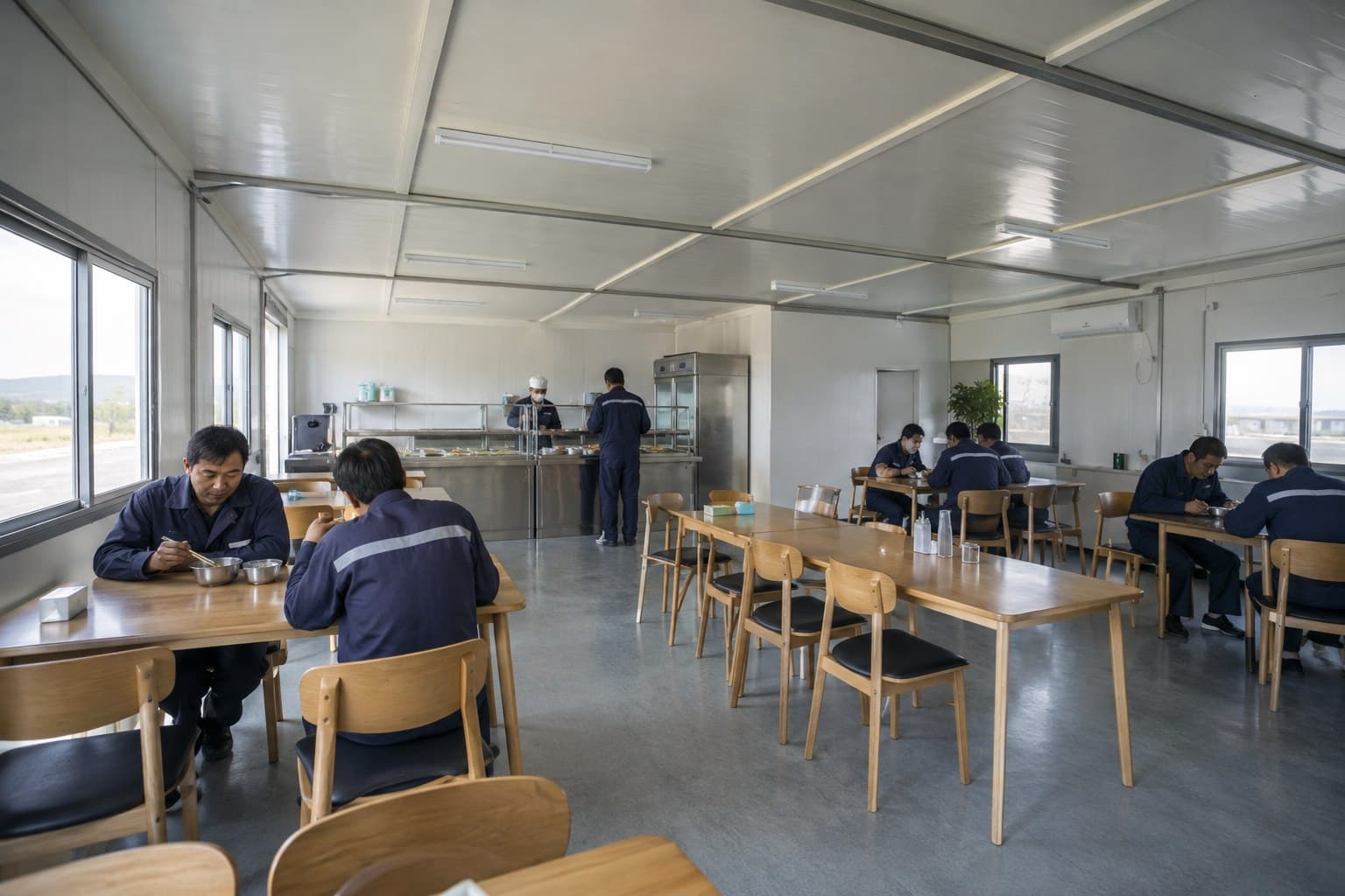 Several linked modular units forming a broad staff cafeteria and common room