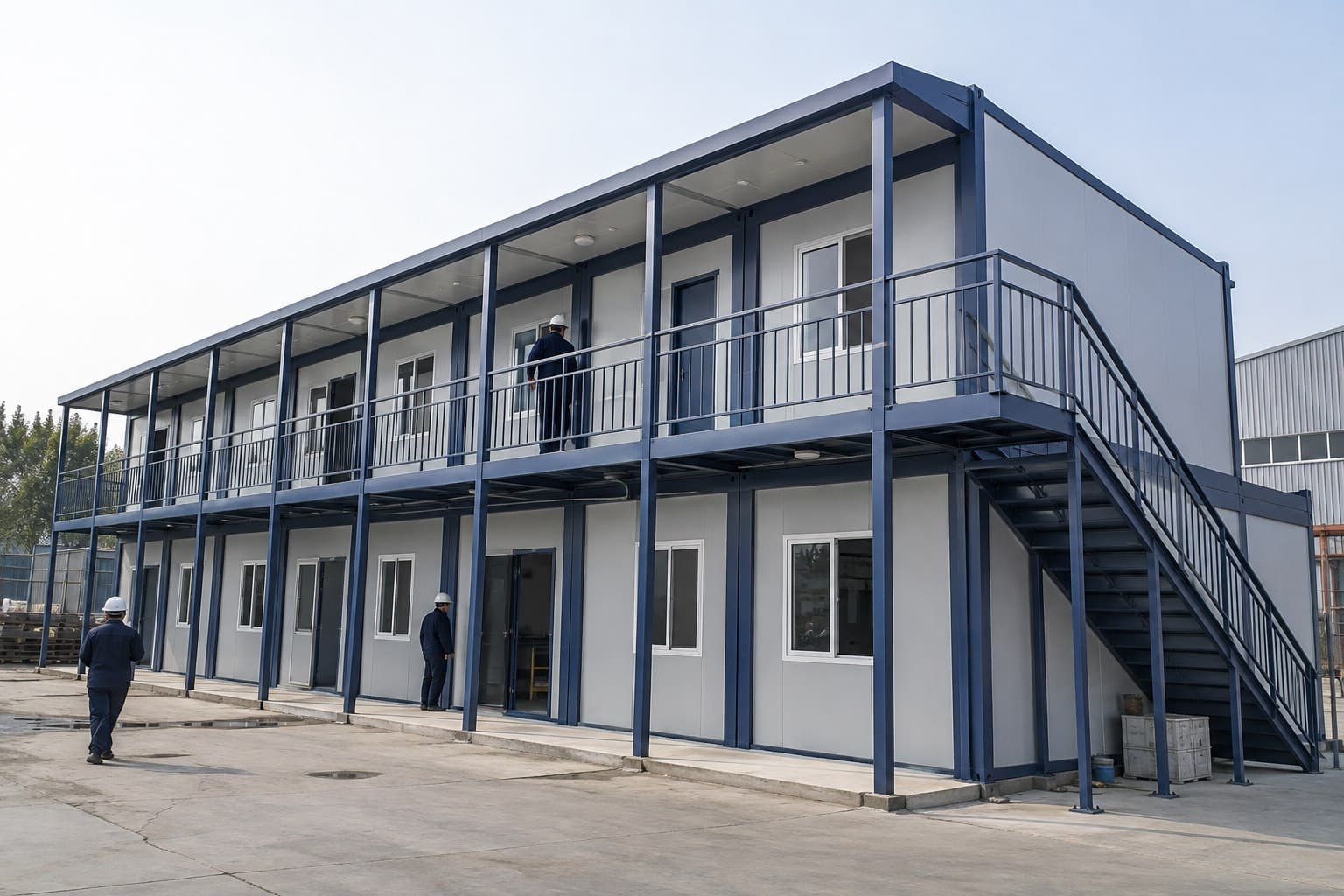 Two-storey stacked modular office with exterior corridor and steel staircase