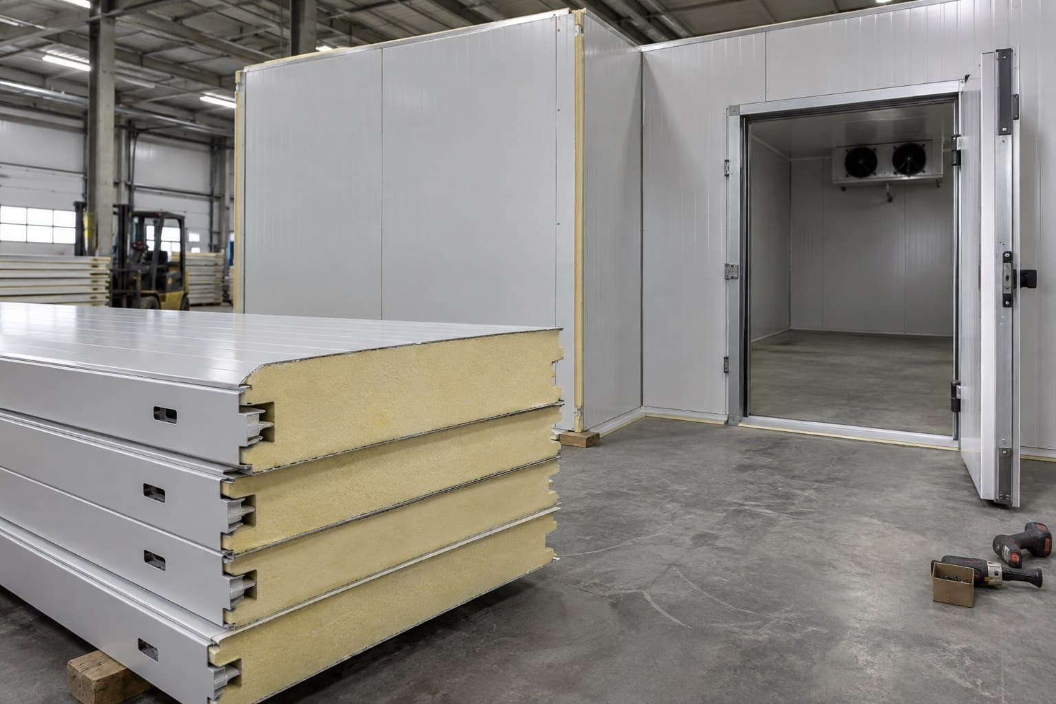 PU or PIR insulated panels stacked beside a newly installed cold-room enclosure