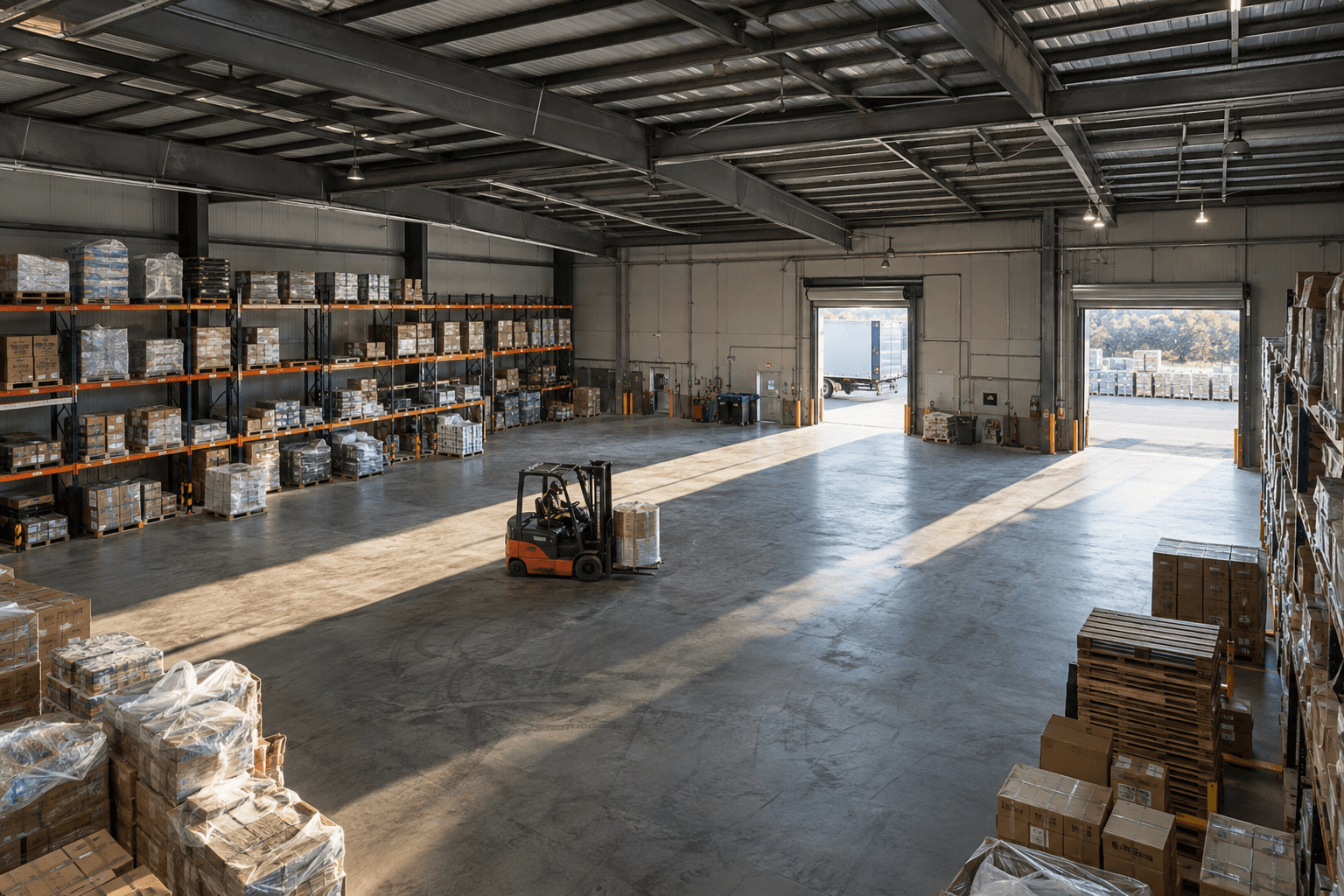 Completed clear-span steel warehouse with an unobstructed storage floor