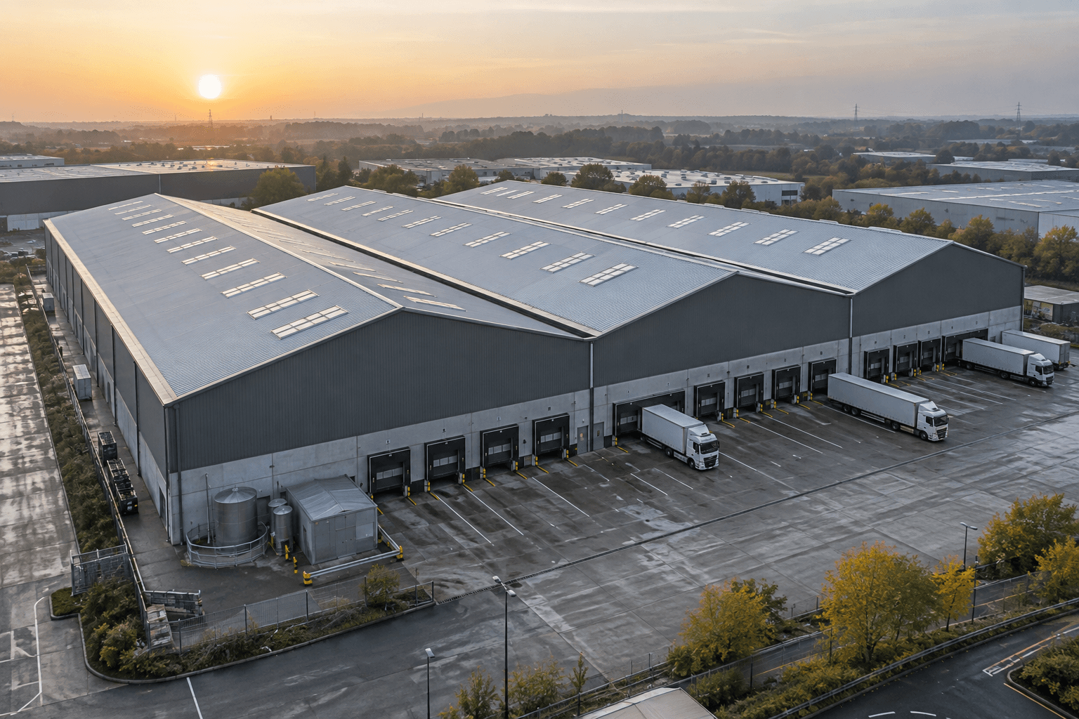Large multi-span steel warehouse with regular internal column rows