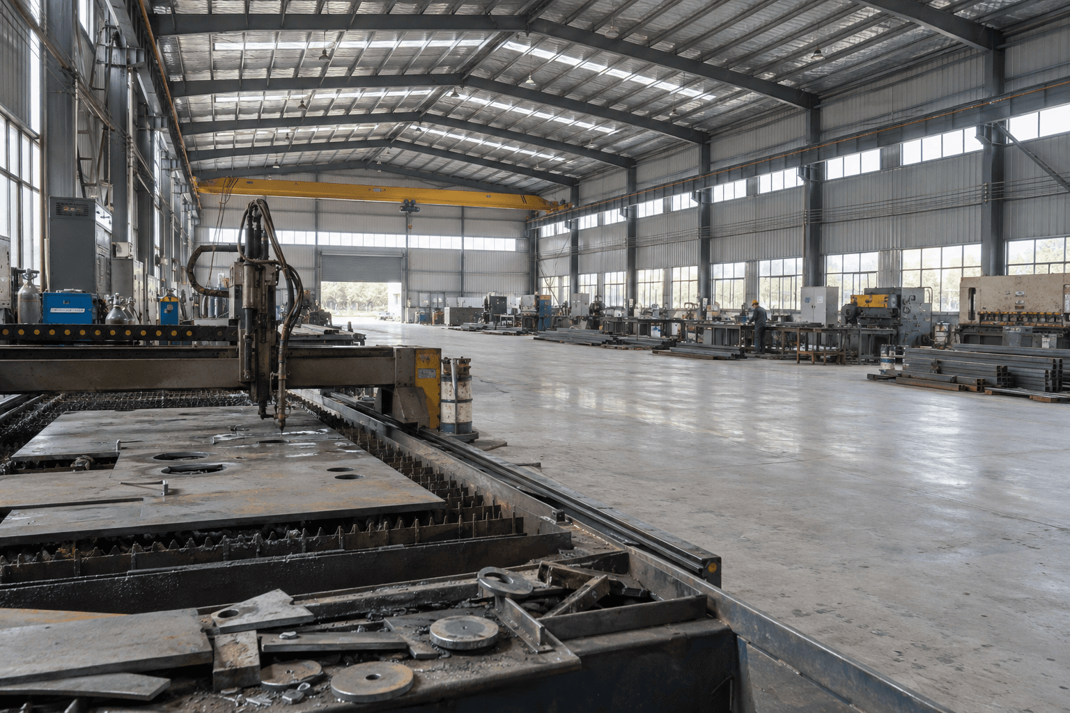 Operating clear-span steel workshop with an unobstructed production aisle