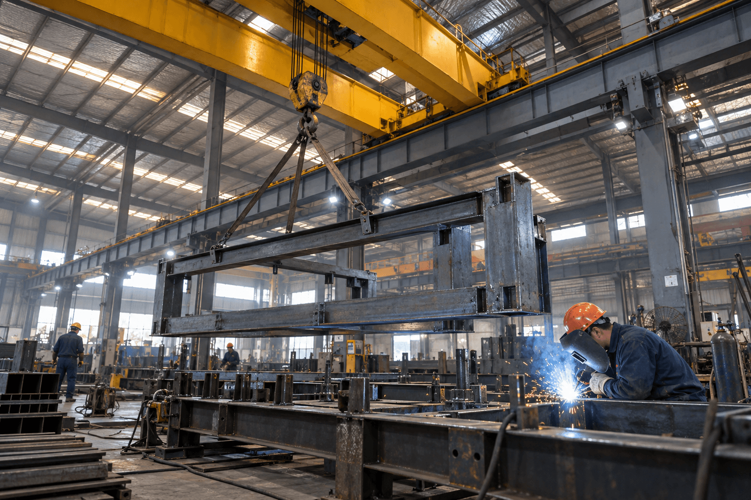 Steel fabrication workshop with an overhead bridge crane and runway beams