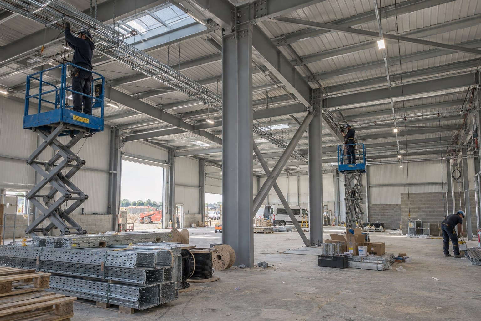 Steel building frame during interior fit-out with floors and service coordination visible