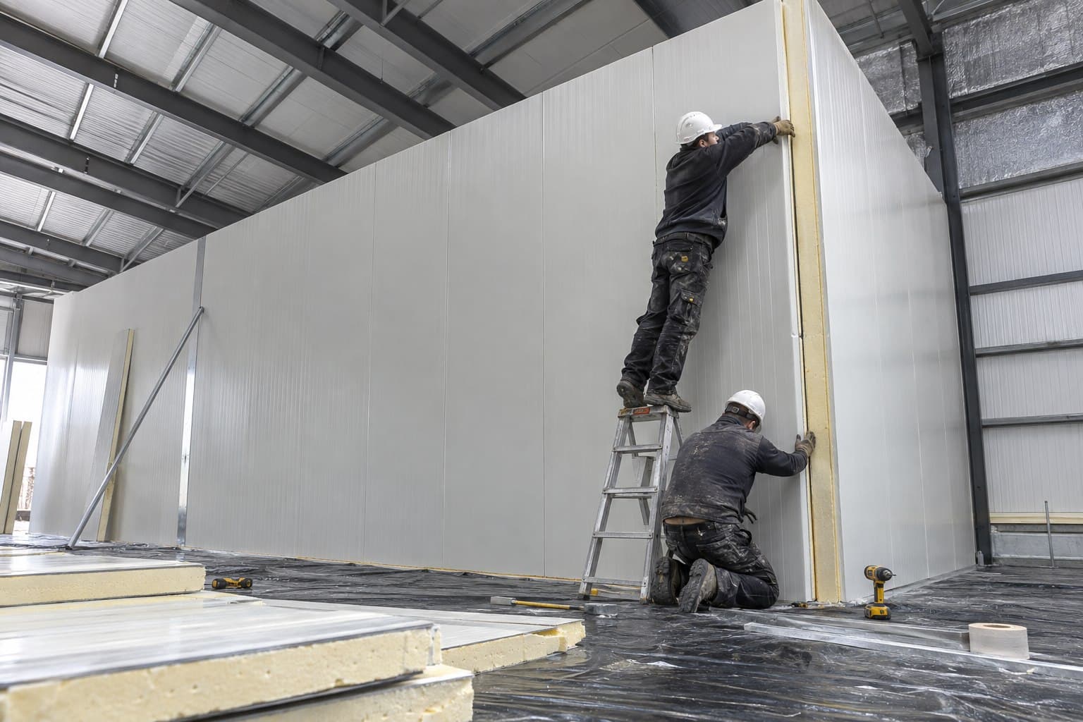 Installers fitting thick insulated cold-room panels and sealing the floor vapor barrier