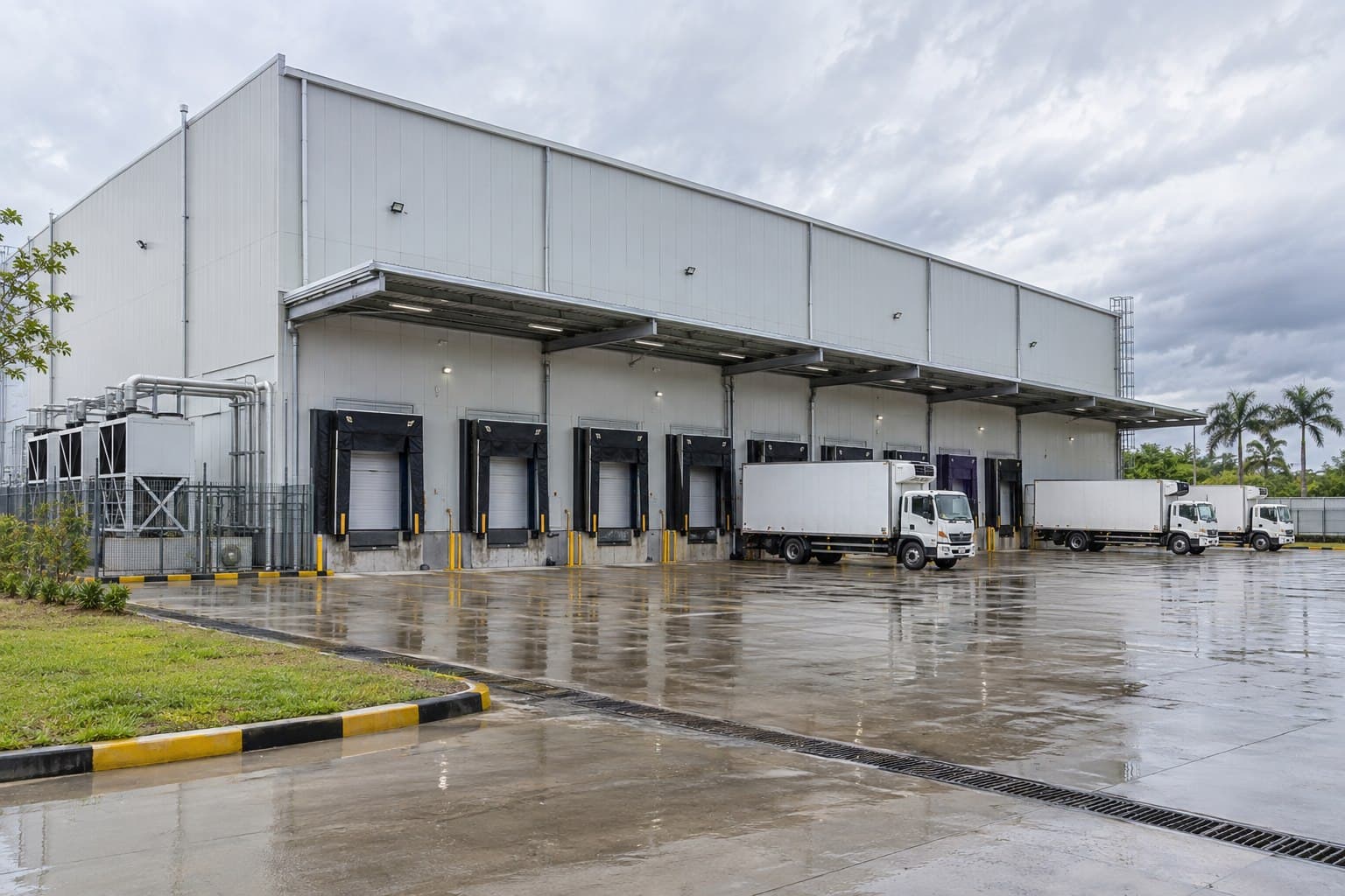 Completed cold storage warehouse with sealed loading docks and refrigerated trucks after rain