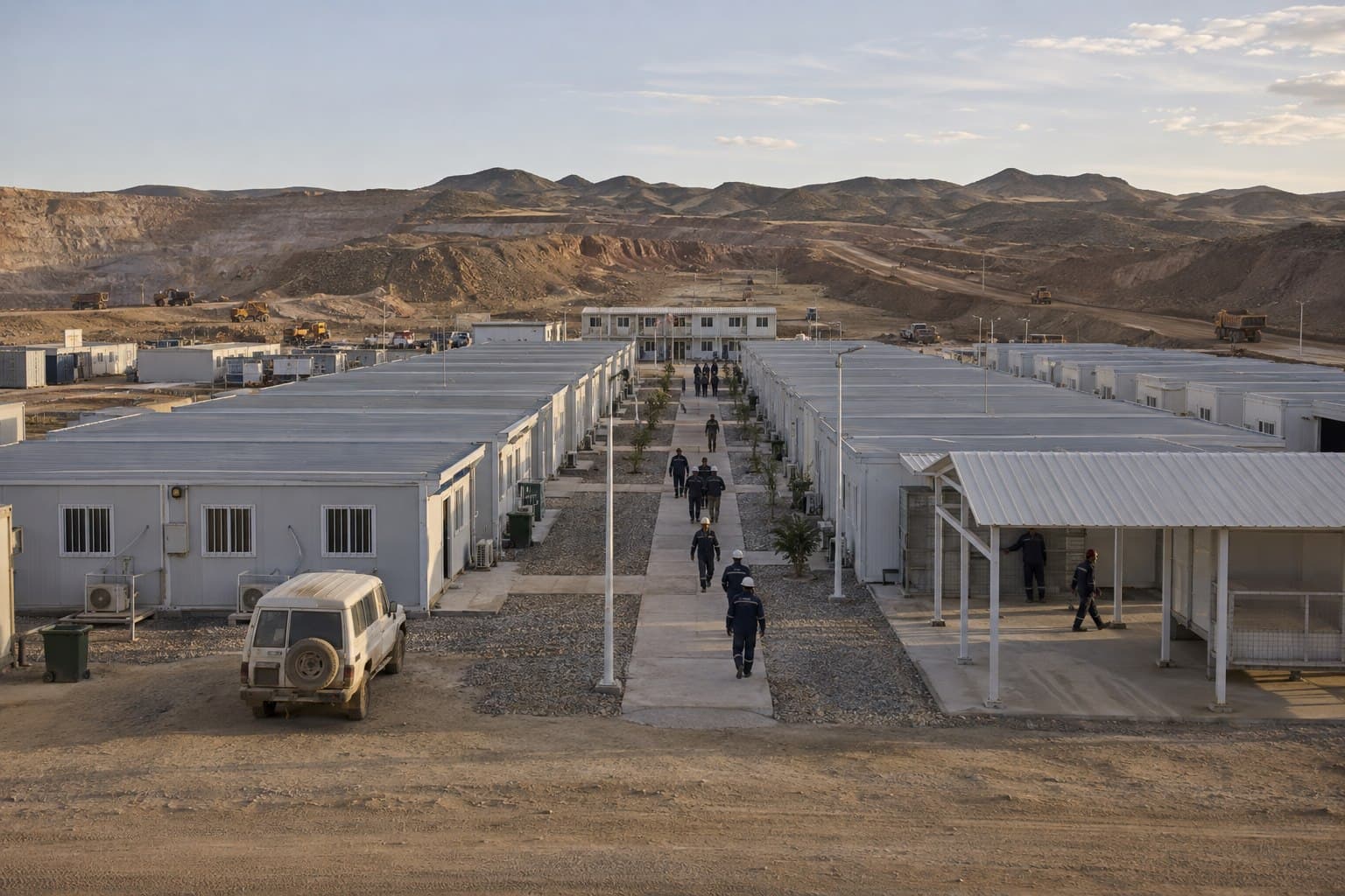 Completed two-storey modular container office and accommodation complex with landscaped courtyard
