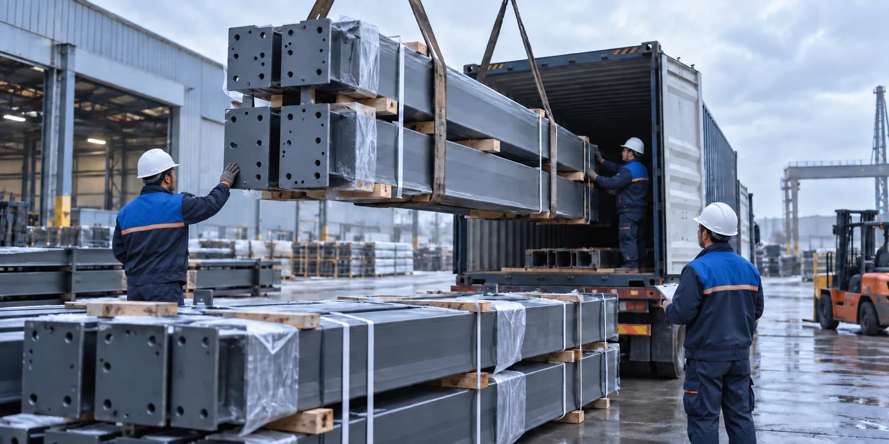 Marked steel components prepared for export loading