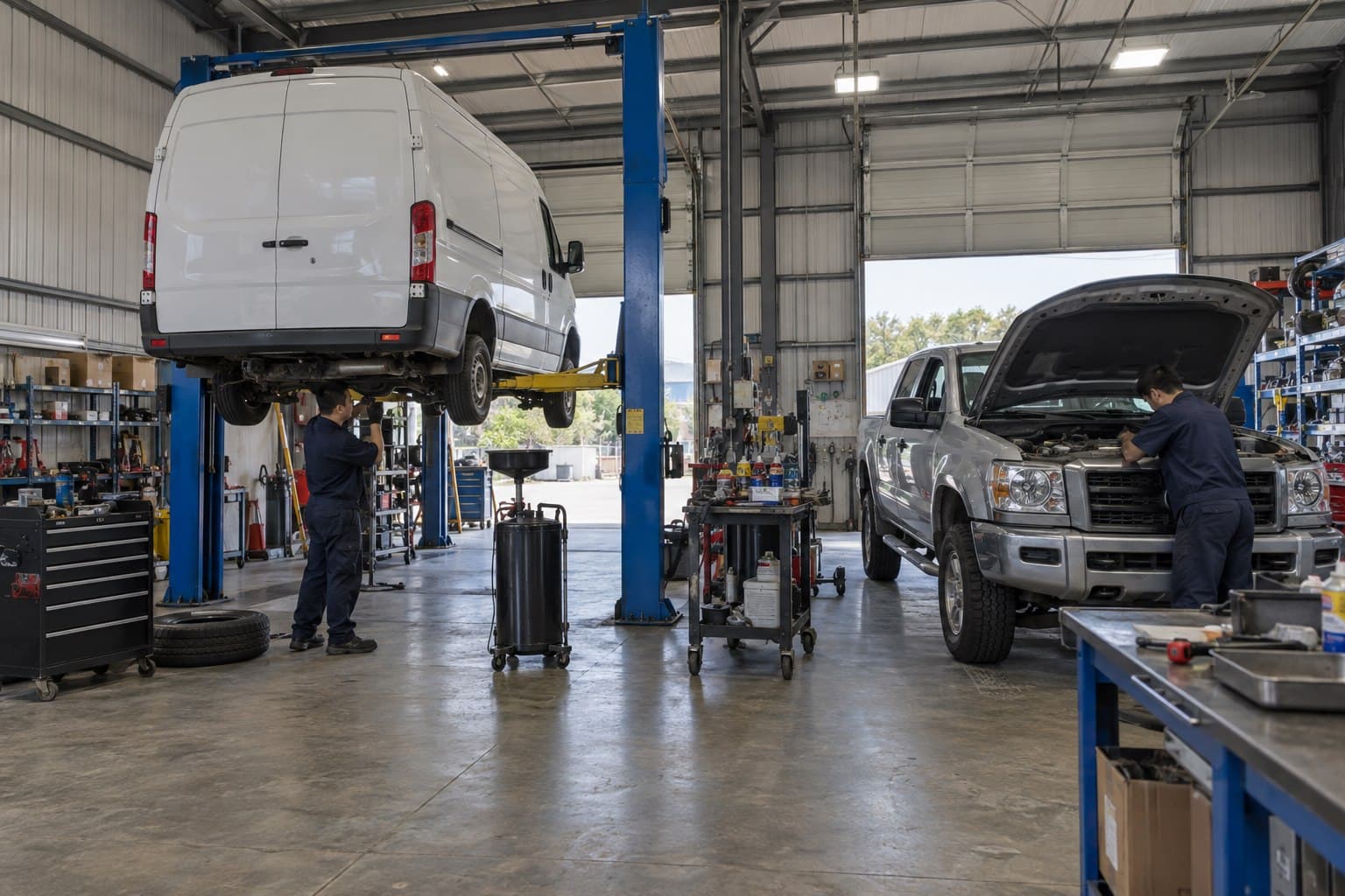 Operating steel garage with vehicles, service lifts and parts storage