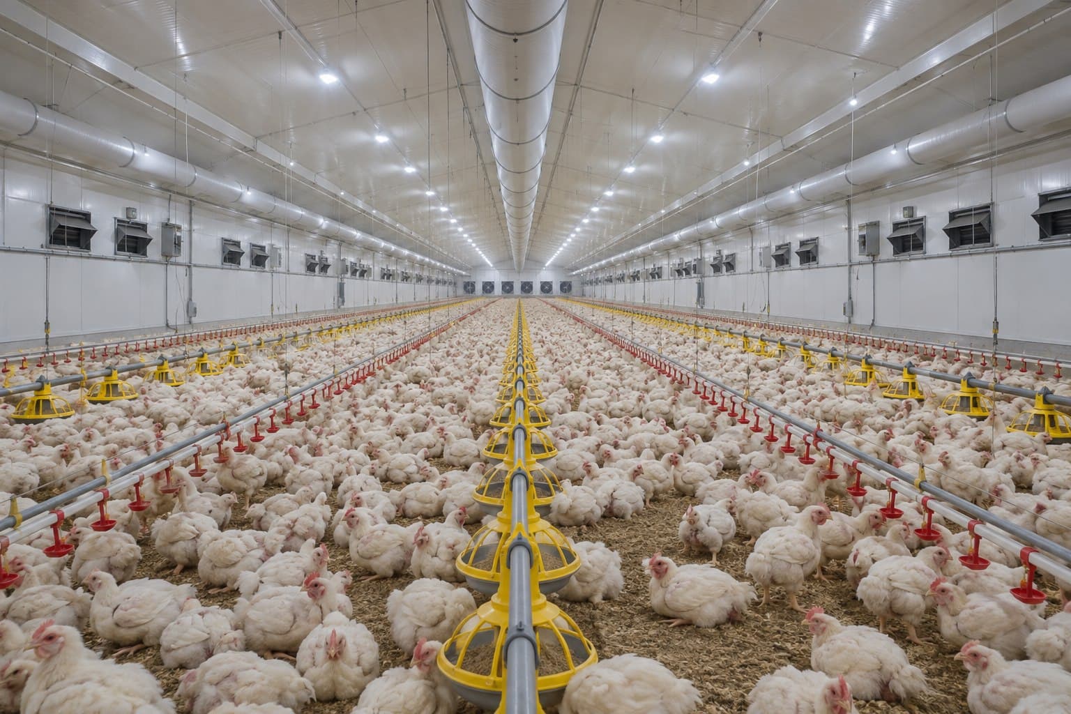 Operating broiler poultry house with feeding, drinking and ventilation equipment