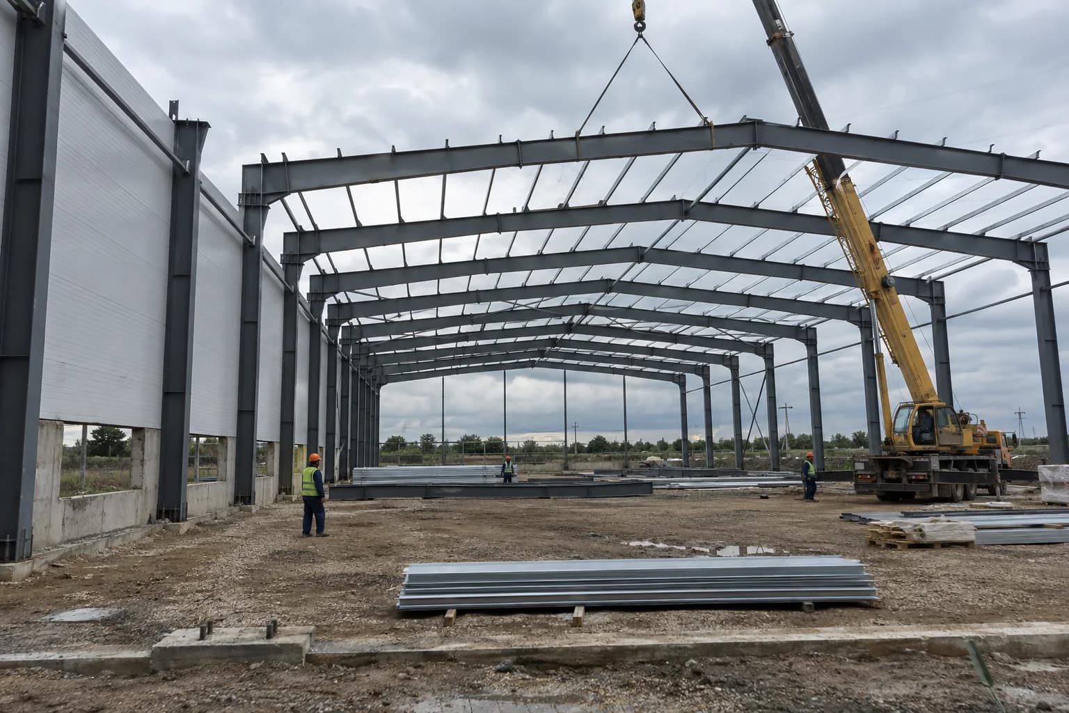 Steel warehouse frame under construction