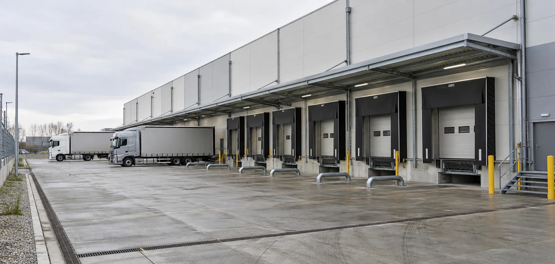 Completed steel logistics warehouse with multiple loading docks